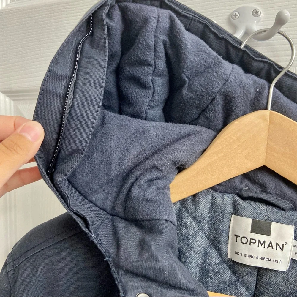 Topman Navy Blue Heavyweight Fishtail Parka Coat Men’s Small Zip Up Hood